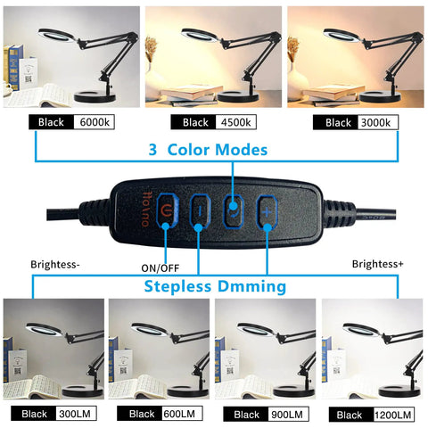 10X Magnifying Glass With Light And Stand, Dimmable LED Desk Lamp With Clamp, 1200 Lumen Bright Magnifier, 3 Color Modes Cool White White Warm Yellow, Swivel Arm For Reading, Crafting And Close Work