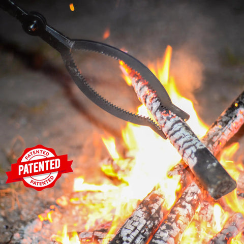40 Inch Heavy Duty Fire Tongs With Scissor Style Serrated Claws, Long Reach Log Grabber For Fire Pit And Fireplace, Ergonomic Rubber Grip Handle, Indoor Outdoor Use, Safe, No Bending Heavy Logs gripping a burning log over a fire
