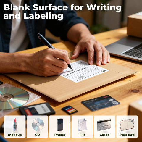 Person writing on Rigid Kraft Mailers 6x9 Inches Pack 50 Eco Friendly Recyclable Mailers With Corrugated Inside Padded Self Seal Envelopes.