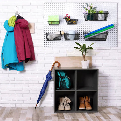 Six Piece Pegboard Basket Set Wall Mount Bins For Tools And Crafts In Black Three Sizes For Garage Workshop Slatwall Organization Durable Heavy Duty Construction Fits Standard Pegboard Hooks For Easy Access Tool Storage installed on a white pegboard with assorted tools and crafts.
