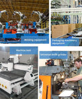 Industrial machines including welding, packaging, machine tool, and universal knife grinder in a factory setting.