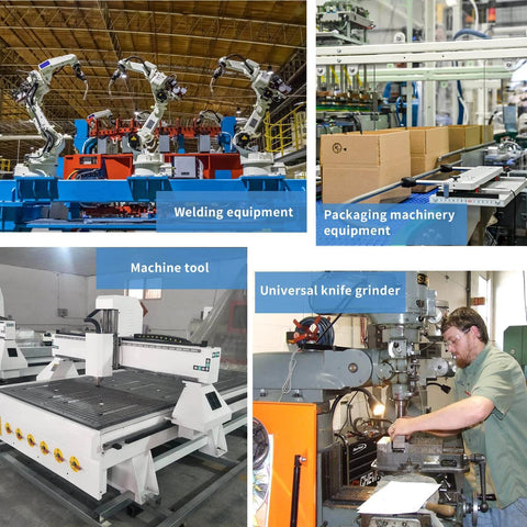 Industrial machines including welding, packaging, machine tool, and universal knife grinder in a factory setting.