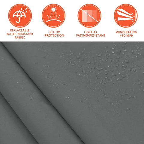 12x10 Ft Manual Retractable Outdoor Patio Awning With gray water-resistant UV-protected fabric and wind rating icons