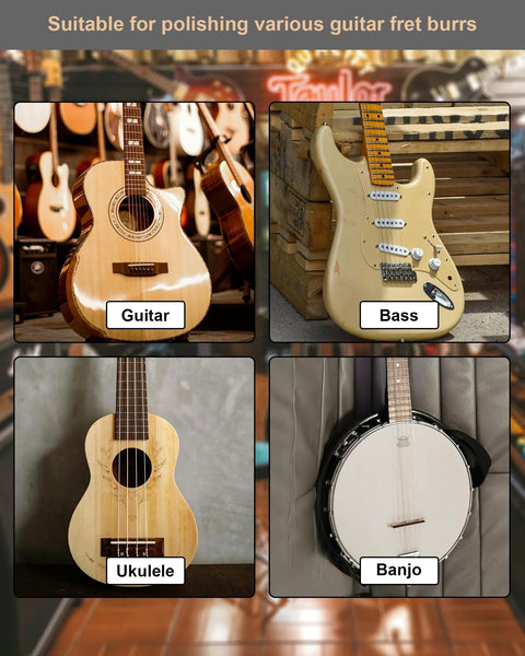 Fret end file product collage: four stringed instruments labeled Guitar, Bass, Ukulele, Banjo.