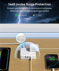 Two Prong Power Strip With 10Ft Cord And 1440J Surge Protector Turns One Old Two Hole Outlet Into Four 3 Prong Outlets And Four USB Ports Wall Mount White showing surge protection feature on a wooden desk with devices