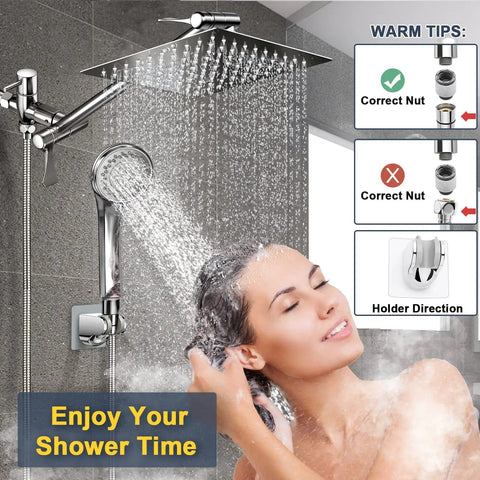 Person enjoying 10 Inch Rainfall Shower Head And Handheld Combo With High Pressure Air Boosted Water Flow Adjustable Extension Arm