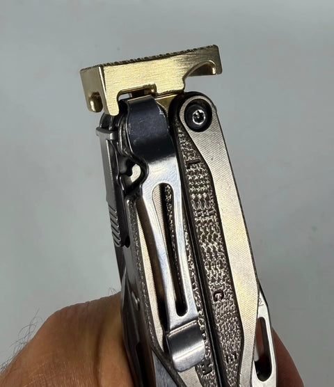 Close-up view of Brass Hammer Head Modification for EDC Multitool Upgrade with CNC Made components attached to tool.