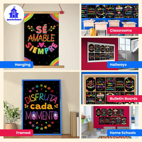 12 Poster Spanish Motivational Classroom Set For Pre K Through 12 Students And Teachers, Inspirational Quotes To Boost Focus And Good Vibes, 12 X 18 Inches, Black Backing, Made In USA displayed in classroom settings