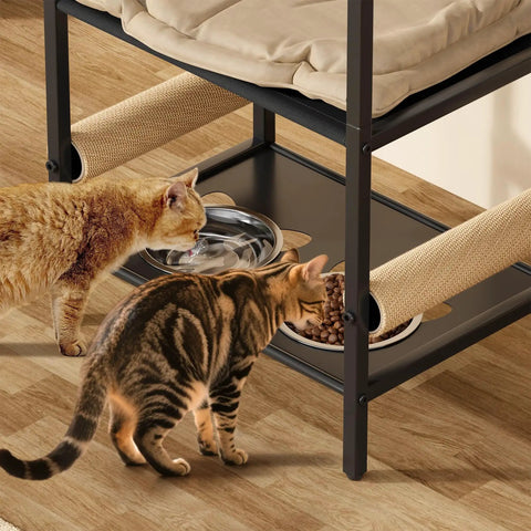 Cats using Four In One Cat Furniture Stand With Scratching Post Dual Feeding Bowls Cozy Bed Platform And Built In Storage Organizer
