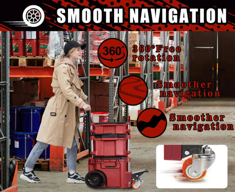Person using Front Wheels Upgrade Kit for Milwaukee Packout System in warehouse; kit shows 360-degree rotation and smooth navigation.