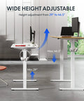 FLEXISPOT 40x24 Inch Electric Standing Desk White Ergonomic Height Adjustable Sit Stand Workstation With Memory Presets Compact Home Office Computer Table For Small Spaces Smooth Motorized Lift, showing height adjustment range from 29" to 46.5".