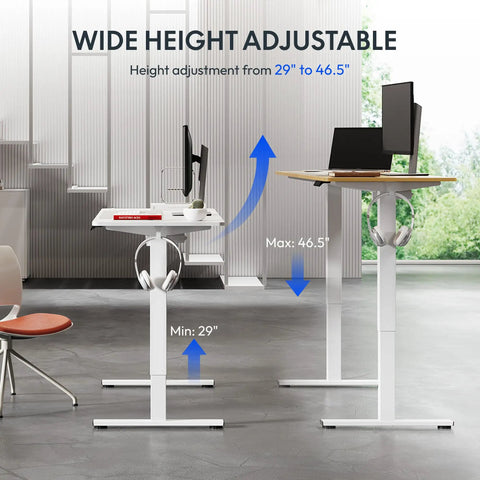 FLEXISPOT 40x24 Inch Electric Standing Desk White Ergonomic Height Adjustable Sit Stand Workstation With Memory Presets Compact Home Office Computer Table For Small Spaces Smooth Motorized Lift, showing height adjustment range from 29" to 46.5".