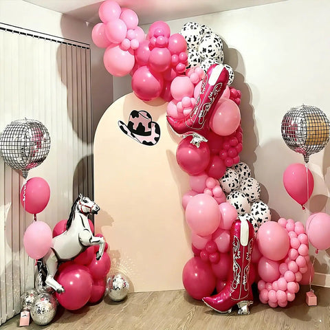 Pink Cow Print Balloons Party Kit 67 Piece Set For Birthday Baby Shower Rodeo Farm Party Decorations with cowgirl theme setup