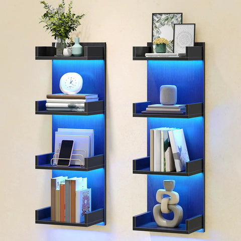Multi Tier Floating Wall Shelves With Glowing RGB LED Lights And Sleek Black Frame For Wall Mounted Home Storage Vibes That Are Straight Up Dope And Legit Solid