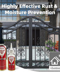 Door Hinge Lubricant 1 Oz No More Squeaks Squeaky Fix Lube bottles shown in front of metal gate for outdoor use.