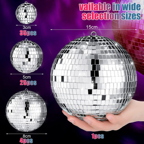 "65 Piece Disco Ball Decorations Set With Assorted Size Mirror Ornaments Reflective Hanging Balls For Mardi Gras 70s Party Vibes Weddings Bachelorette Ballrooms Stages Includes 3cm 5cm 15cm And 8cm Silver Balls in assorted sizes with reflective mirrors."