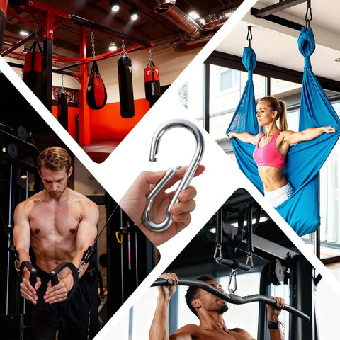 Collage of fitness and outdoor activities with 50 Pack Heavy Duty Carabiners M8 Five Sixteenths Inch Diameter Spring Snap included