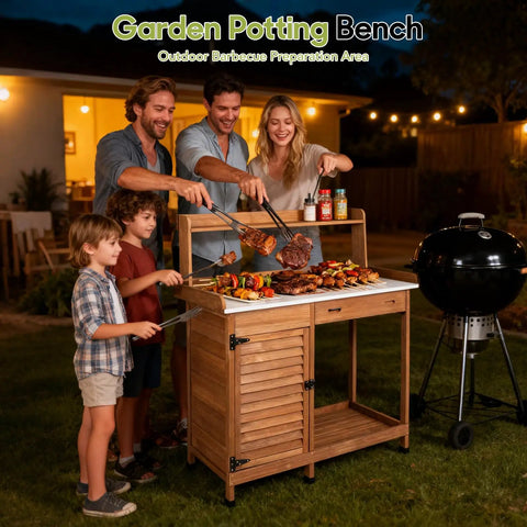 Outdoor Potting Bench Table for the Garden with Weatherproof Wooden Work Station Heavy Duty Metal Top being used for barbecue