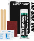 Premium Grade No Sweat Epoxy Putty Stick For Patching Fiberglass Surfboard And Paddleboard Dings Waterproof Quick Fix Adhesive Glue Molding Paste Repair Kit with stirring sticks, grit pad, and alcohol wipes.