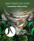 Close-up of Built Tough Tree Climbing Spikes Set With Adjustable Straps And Spike Protectors, 350 lb load capacity, on a tree trunk