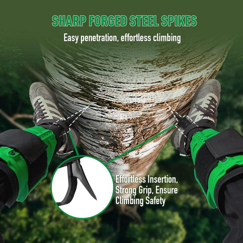 Close-up of Built Tough Tree Climbing Spikes Set With Adjustable Straps And Spike Protectors, 350 lb load capacity, on a tree trunk