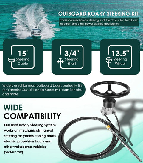Outboard Steering Kit With Fifteen Foot Cable Three Quarter Inch Standard Tapered Shaft And Thirteen Point Five Inch Wheel