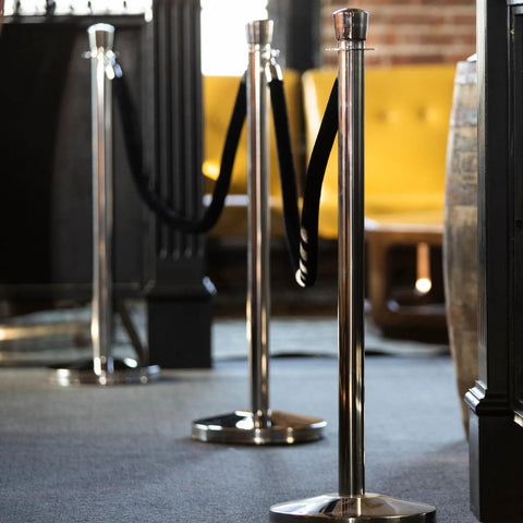 U2140 Premier Chrome Post And Black Velvet Rope Crowd Control Stanchions For Event Barriers with slim stainless steel base.