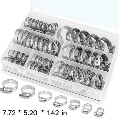 Heavy Duty 60Pc Hose Clamp Kit Set 1/4 to 1-1/2 Inch 304 Stainless Steel Worm Gear Clamps For Auto Intercooler Plumbing Pipe And Fuel Line, assorted sizes in organizer