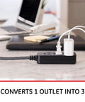 Pro Mini 3 Outlet Power Strip With 6 Inch Designer Braided Cord on desk, powering devices, black and gray chevron cable, flat plug