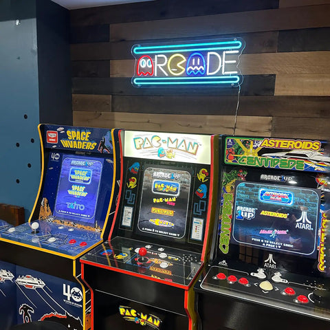 Arcade setup with Large Arcade Neon Sign 25 Inches Upgraded Retro Ghost Arcade LED Light Handmade Aesthetic Night Lamp for game room.