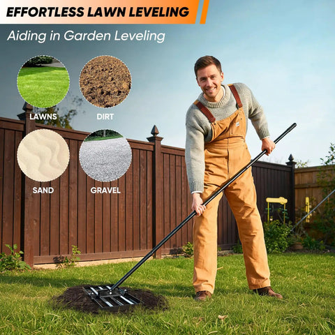 Man using Beast Lawn Leveling Rake With 30 By 10 Inch Plate And 73 Inch Stainless Steel Handle Heavy Duty Landscape Tool on lawn