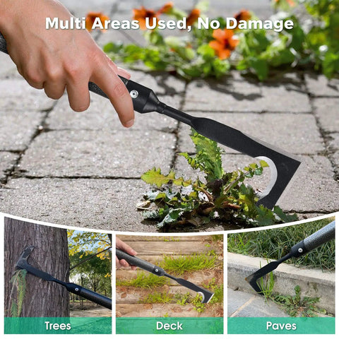 29 Inch Long Manual Crack Weeder For Sidewalk Crevices And Paver Edges Metal Handle Weed Puller in use on multiple surfaces
