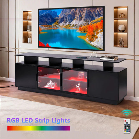 70 Inch Black TV Stand With Ambient LED Lights For Living Room featuring glass door storage and modern entertainment center