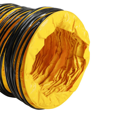 Close-up view of yellow and black 25 Foot Flexible PVC Duct Hose For Exhaust Fans 8 Inch Inner Diameter Heavy Duty Flame Retardant Vinyl Woven Polyester.