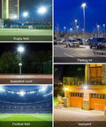 Led Stadium Flood Light Outdoor 36000 Lumen 1500W Equivalent Ultra Bright 5000K Daylight IP65 Waterproof Arena Lighting For Sports Fields And Courts 100-277V Energy Saving Commercial Lighting illuminating various locations including rugby field, parking lot, basketball court, football field, and backyard at night.