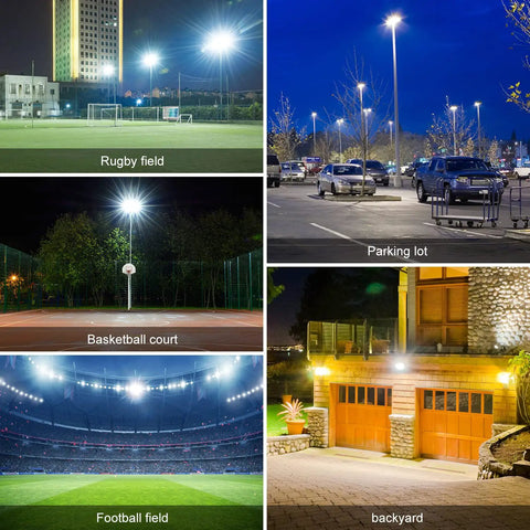 Led Stadium Flood Light Outdoor 36000 Lumen 1500W Equivalent Ultra Bright 5000K Daylight IP65 Waterproof Arena Lighting For Sports Fields And Courts 100-277V Energy Saving Commercial Lighting illuminating various locations including rugby field, parking lot, basketball court, football field, and backyard at night.