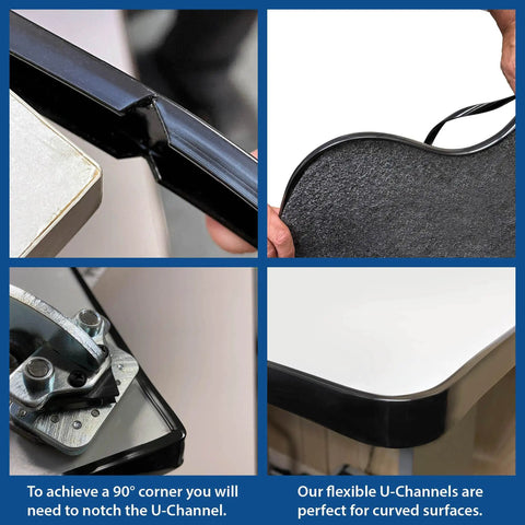 3/4 Inch Flexible PVC U Channel Molding For Edging Fits 3/4 Inch Thick Panels High Gloss Black 25 Foot Coil shown on surfaces