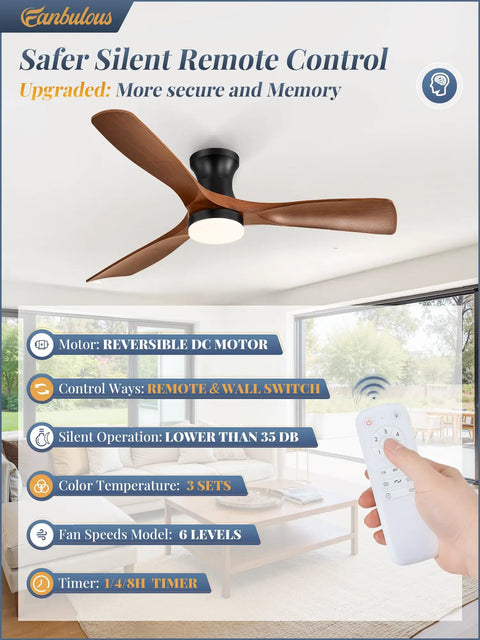 52 Inch Ceiling Fan With Lights Low Profile Flush Mount Remote Control And Timer Quiet 35dB 3CCT Reversible ABS Blade