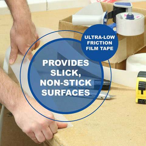 Squeak Reduction UHMW Polyethylene Tape With High Tack Acrylic Adhesive being applied on a table, focus on slick surface property.
