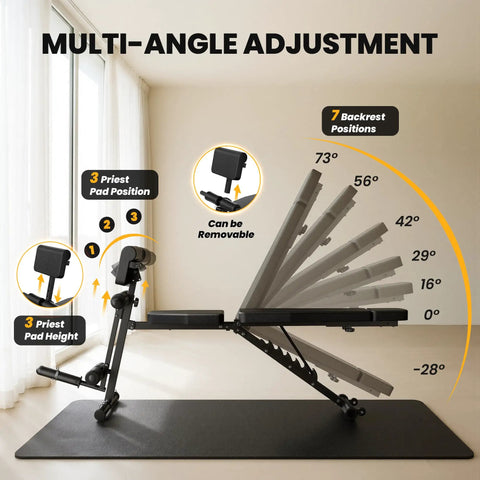 Adjustable Weight Bench For Home Gym With Foldable Frame And Wheels Leg Extension And Curl 770 Lbs Capacity Multi Function Preacher Curl Incline Decline Flat Sit Up Bench showing multi-angle adjustment options 