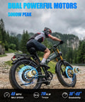 Badass Dual Motor Electric Bike For Adults Built Tough For Everyday Cruisin With 3000W Peak Power And A Heavy Duty 48V 30Ah Battery Dishin Out A Solid 90 Mile Range At 32 Mph On 26 Inch Fat Tires Full Suspension Gear showing dual motors with 5000W peak.