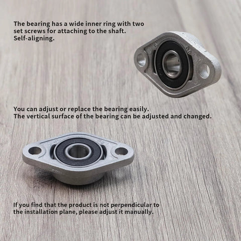 Two zinc alloy pillow block bearings with 3/8 in (10 mm) bore; flange-mounted, self-aligning.