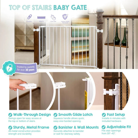Extra Wide 29 To 43 Inch Walk Through Baby Gate for stairs with hardware mount banister and wall mount kit in home setting