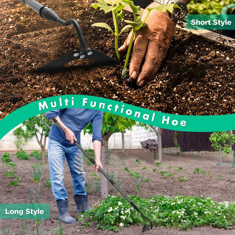 Man using Heavy Duty Garden Hoe For Fast Weeding And Grass Removal, 55 Inch Long Handle, Hardened Hollow Eye Hoe in garden