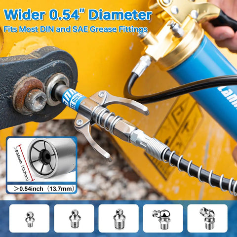 Grease Gun Coupler Kit With 2 Dual Lever Tips, 90 Degree Adapter And 2 Needle Tips used on machinery with 0.54 inch diameter fitting
