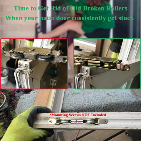 Zero Drama Sliding Patio Door Tandem Roller Assembly Hella Smooth Steel Build with before and after installation views of rollers.