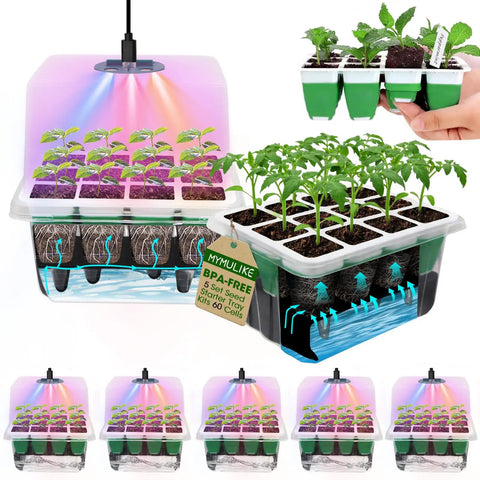 Five Pack Sixty Cell Seedling Trays With Grow Light Kit Indoor Seed Starting Starter Set for Veggies Herbs and Flowers
