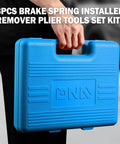 Person holding 8 Piece Brake Service Kit With Spring Installer And Remover Pliers Tools Set In Blue Carrying Case.