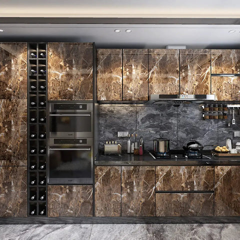 Luxury kitchen with Peel And Stick Brown Marble Contact Paper For Countertops And Shelves, Waterproof And Oil Proof, Thick Vinyl Wallpaper