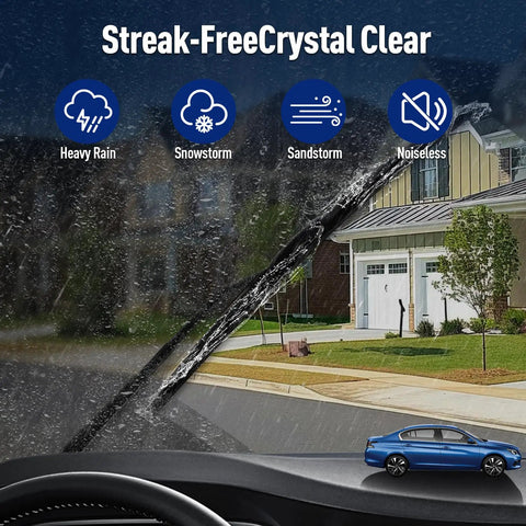 Premium Front Windshield Wiper Blades For Mercedes Benz Sprinter Two Piece All Season Road Hardened Set With Smear Free Glass Clarity And Straight Forward Drop In Install Years 2007 Through 2018 wiping heavy rain from windshield.